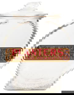 Planter’s Salted Peanuts 5 Cent Counter Display Jar. Clear ...: Planter’s Salted Peanuts 5 Cent Counter Display Jar. Clear glass jar with embossed lettering, original lithograph label, and peanut-shaped lid handle. 12 ½ x 9 ½ x 7”. Some loss
