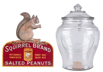 Squirrel Brand Salted Peanuts Counter Jar and Sign. Clear g...