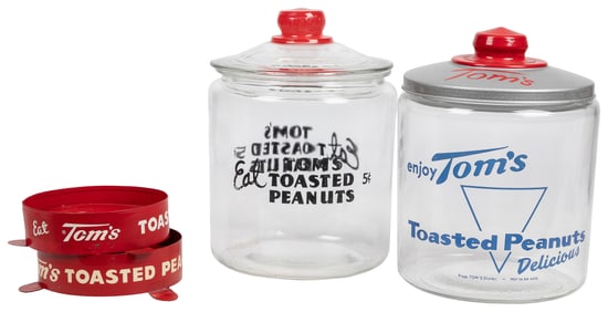 Pair of Tom’s Toasted Peanuts Country Store Jars. Glass jar...