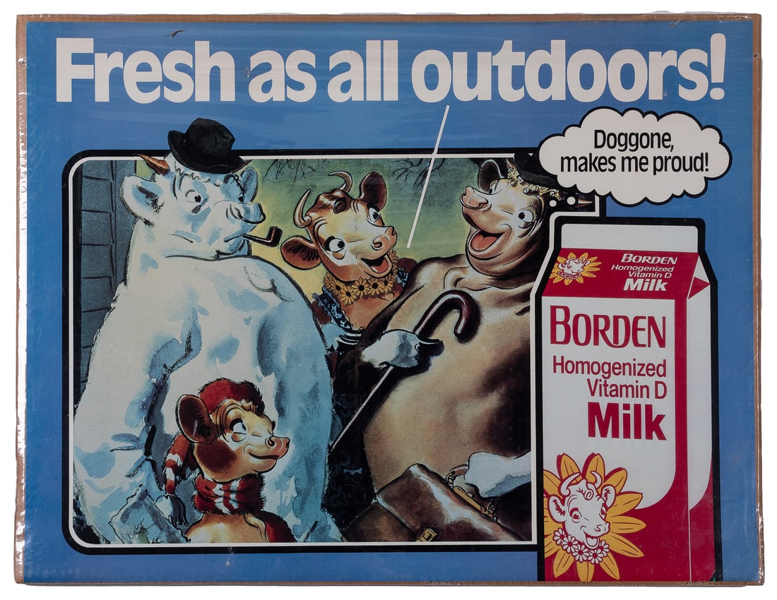 Group of Dairy and Ice Cream Advertising, mainly Borden’s. ...: Group of Dairy and Ice Cream Advertising, mainly Borden’s. American, mid- to late 20th century. Includes (7) Borden’s items including an apron, posters, and a painted “Duck Soup̶