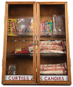 Curtiss Fresh Candies Display Case. Wooden cabinet with dou...