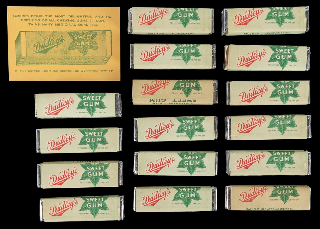 Dudley’s Sweet Gum Lot of Five-Stick Packs. Nashville: Dudl...: Dudley’s Sweet Gum Lot of Five-Stick Packs. Nashville: Dudley Gum Co, ca. 1920s. Group of 17 five-stick packs (a full box would have included 20), plus one incomplete pack with one stick only, a