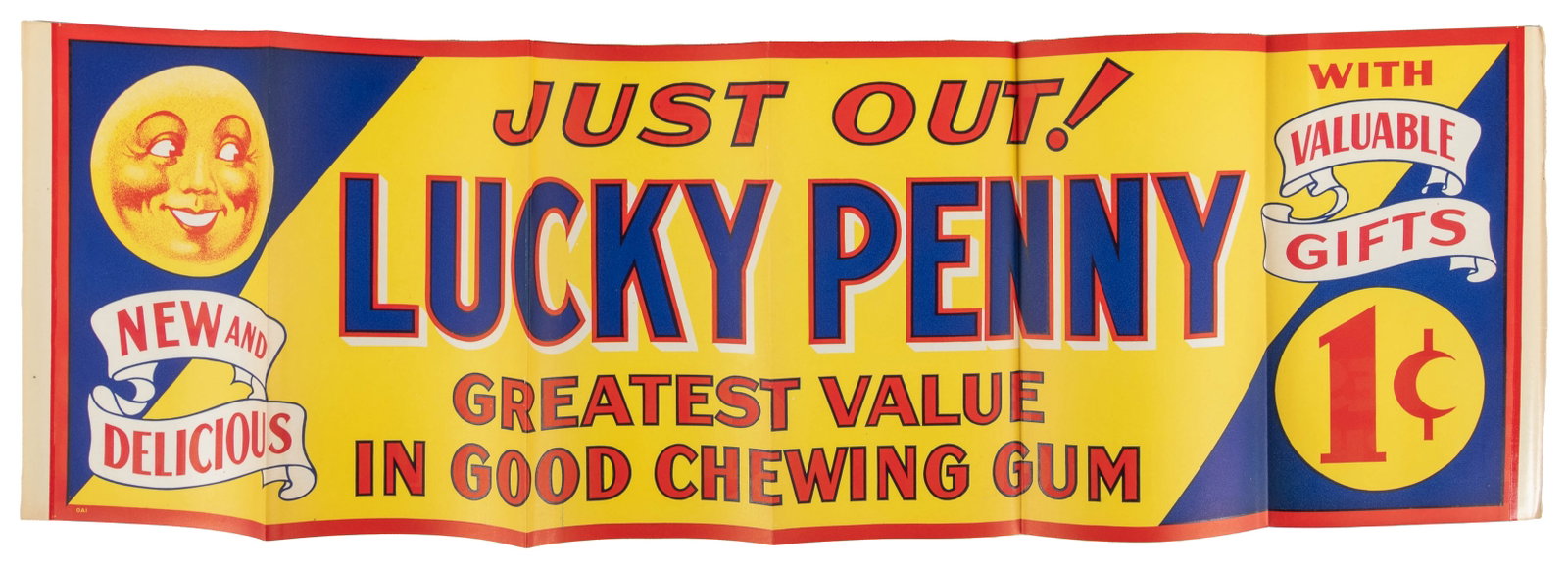 Lucky Penny 1 Cent Chewing Gum In-Store Promotional Posters...: Lucky Penny 1 Cent Chewing Gum In-Store Promotional Posters. Lot of 47. [Chicago: Orbit, ca. 1930]. Group of unused horizontal window or in-store display posters advertising “just out!” Lu