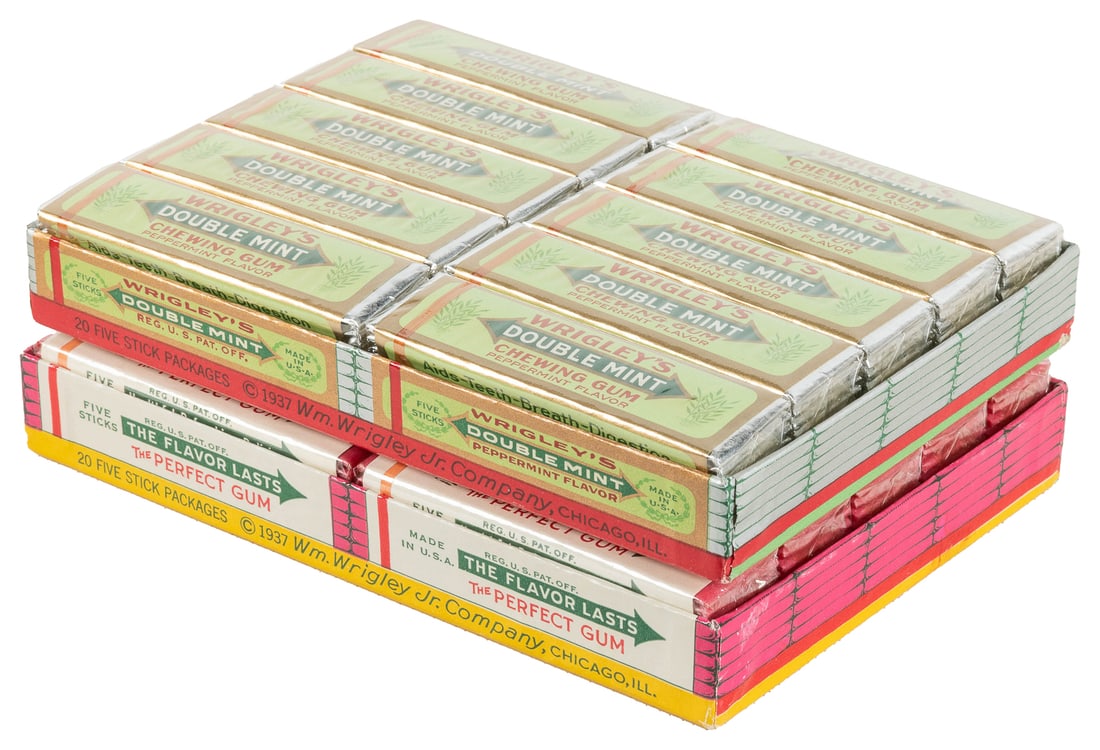 Wrigley’s Double Mint and Spearmint Gum. Two original boxes...: Wrigley’s Double Mint and Spearmint Gum. Two original boxes. Includes a box of 20 five-stick packages of Double Mint, and a box of 20 five-stick packages of Spearmint. Both in original boxes wit