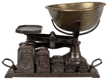 Antique Iron and Brass Countertop Scale. Includes brass tra...