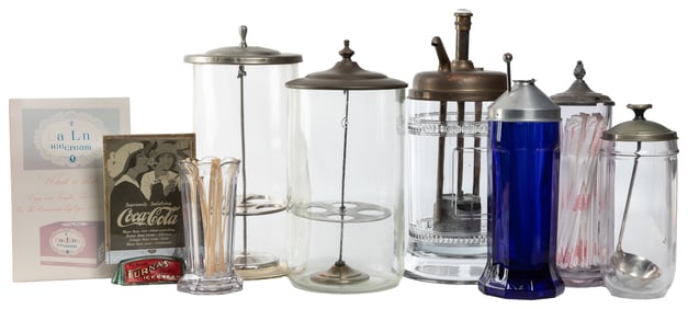 Group of Nine Soda Fountain Items. Early mid-20th century. ...
