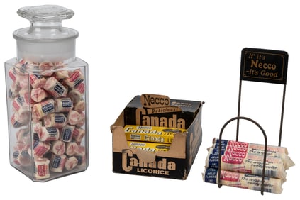 Group of Three Necco Displays. Including square glass jar w...
