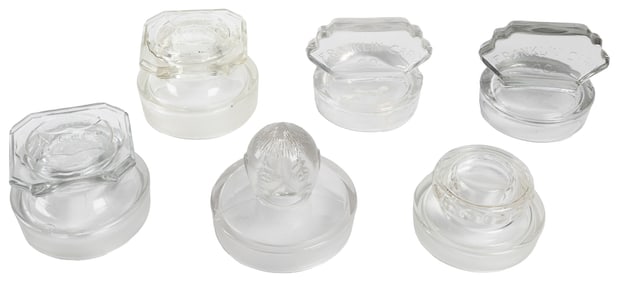 Group of Six Glass Jar Lids. Including two Necco Sweet lids...