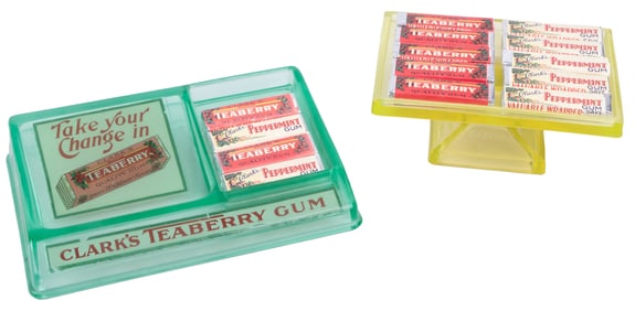Pair of Clark’s Teaberry Gum Vaseline Glass Display Stands....