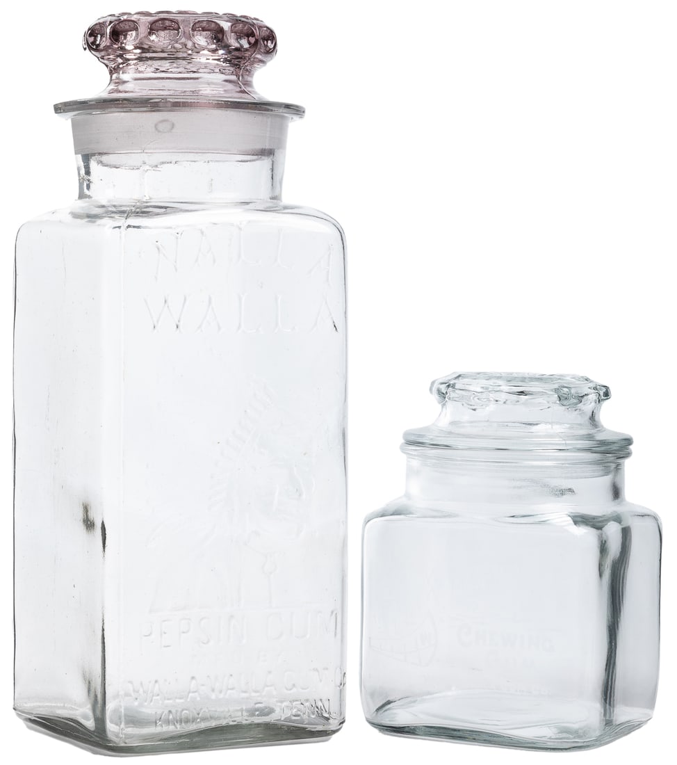 Pair of Walla Walla Gum Co. Glass Jars. Including embossed ...: Pair of Walla Walla Gum Co. Glass Jars. Including embossed “Walla Walla/Pepsin Gum/ MFD by/ Walla Walla Gum Co./ Knoxville, Tenn with a depiction of a Native American and another etched glass ja