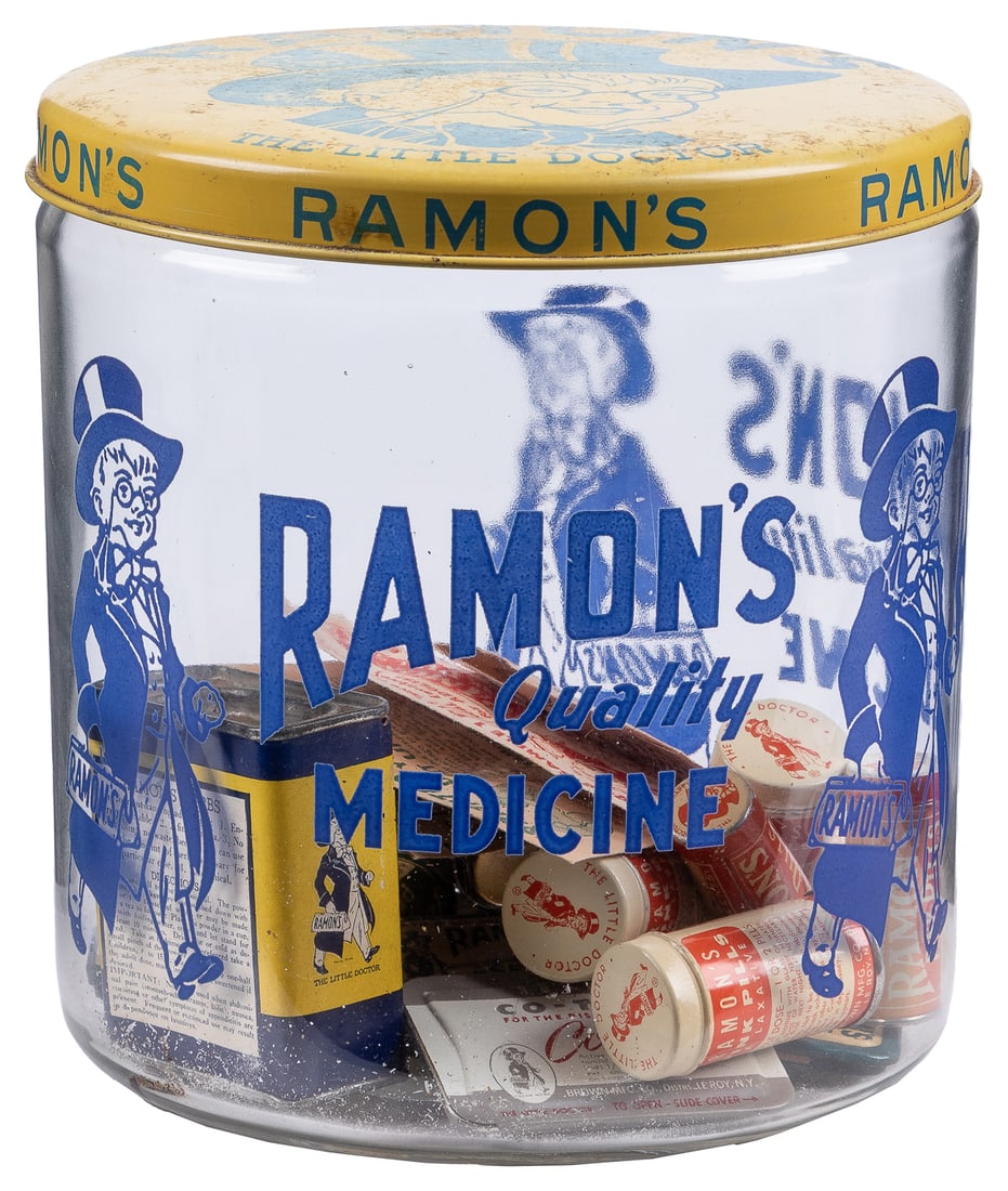 Ramon’s Quality Medicine Glass Jar with Medicine. Mid-20th ...: Ramon’s Quality Medicine Glass Jar with Medicine. Mid-20th century. Glass jar and metal lid printed with the image of “The Little Doctor” includes a selection of medicine inside, inc