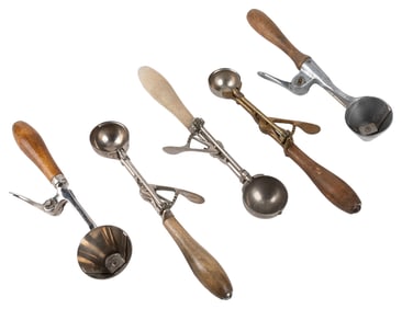 Group of Five Gilchrist Ice Cream Scoops. Early 1900s. Incl...