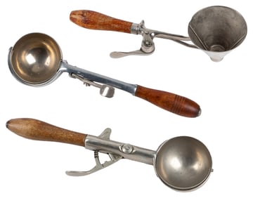 Group of Three Mosteller Ice Cream Scoops. Early 1900s. Inc...