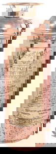 The Buffalo Fire Extinguisher. Buffalo Fire Appliance Corp....: The Buffalo Fire Extinguisher. Buffalo Fire Appliance Corp. Brass and copper antique fire extinguisher. Height 23&#8221;. Spots of oxidation; small dents. Wit hose attachment (leather dried and cracki
