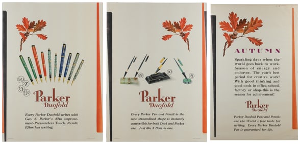 Group of Three Parker Duofold Pens Advertising Signs. Milwa...