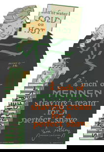 Mennen Shaving Cream diecut advertising standee. USA: The M...: Mennen Shaving Cream diecut advertising standee. USA: The Mennen Company, ca. 1930s. Color lithographed diecut in-store display standee, with an illustration by &#8220;J.H,&#8221; Mennen salesman Jim