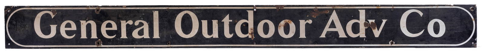 General Outdoor Adv Co Advertising Sign. Single sided porce...: General Outdoor Adv Co Advertising Sign. Single sided porcelain enamel sign. 88 x 8&#8221;. Significant age-related wear, rusting, chipping, scratches, and abrasions, fair.