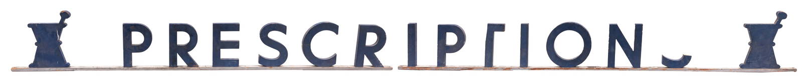 Wooden “Prescription” Trade Sign. For a chemist or pharmacy...: Wooden &#8220;Prescription&#8221; Trade Sign. For a chemist or pharmacy. Cut out wooden lettering affixed to two strips of wood and bookended by cut outs of mortar and pestles. Sign is in two parts wi