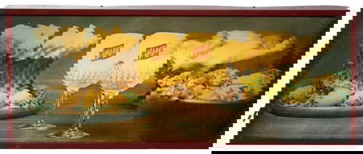 Schlitz Beer Light Up Advertising Sign. Milwaukee, WI: Jos....: Schlitz Beer Light Up Advertising Sign. Milwaukee, WI: Jos. Schlitz Brewing Co., 1976. Featuring roast rack of lamb dinner with two glasses of Schlitz Beer. 14 3/8 x 35 &#189; x 5&#8221;. Scratches an