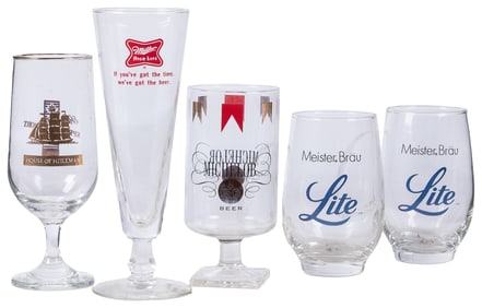 Group of Beer Glasses. Circa 1980s. 22 glasses to five diff...