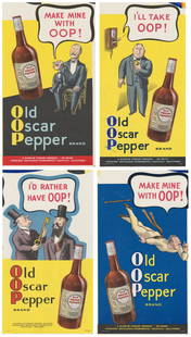 Group of Four Old Oscar Pepper Brand Whiskey Paper Advertis...: Group of Four Old Oscar Pepper Brand Whiskey Paper Advertising Signs. 1940s. Color lithographs each depicting a one quart Old Oscar Pepper Brand bottle and cartoon figure(s), two with &#8220;Make Mine
