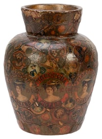 Cigar Label Decorated Jar. Circa 1900s. Cigar-label terra c...