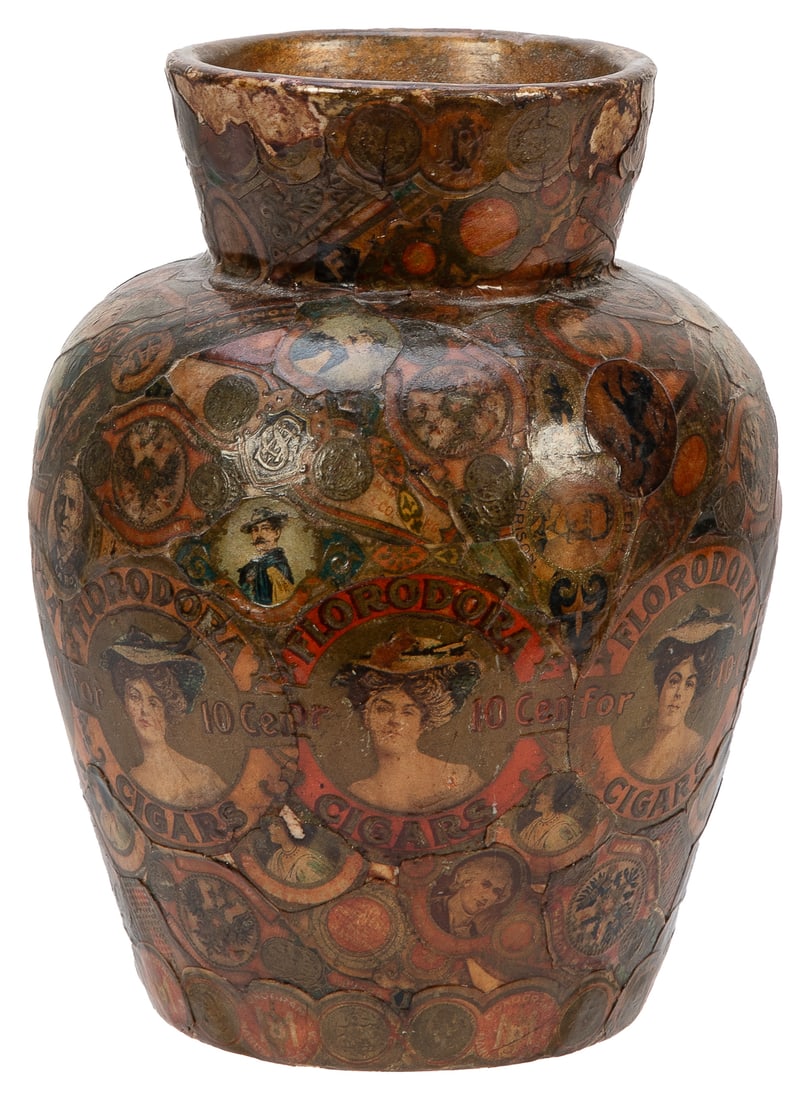 Cigar Label Decorated Jar. Circa 1900s. Cigar-label terra c... (1 of 1)