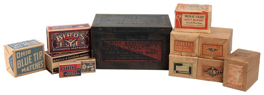 Group of Twelve Match Related Items. Circa mid-20th century...: Group of Twelve Match Related Items. Circa mid-20th century. Including The Diamond Match Company metal tin and nine matchboxes: Ohio Blue Tip Matches, two boxes of Ohio Safety Matches, America&#8217;s