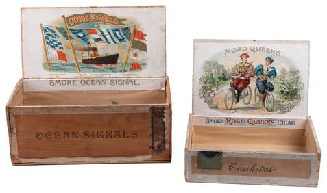 Pair of Cigar Boxes. Includes an Ocean Signals box with a l...