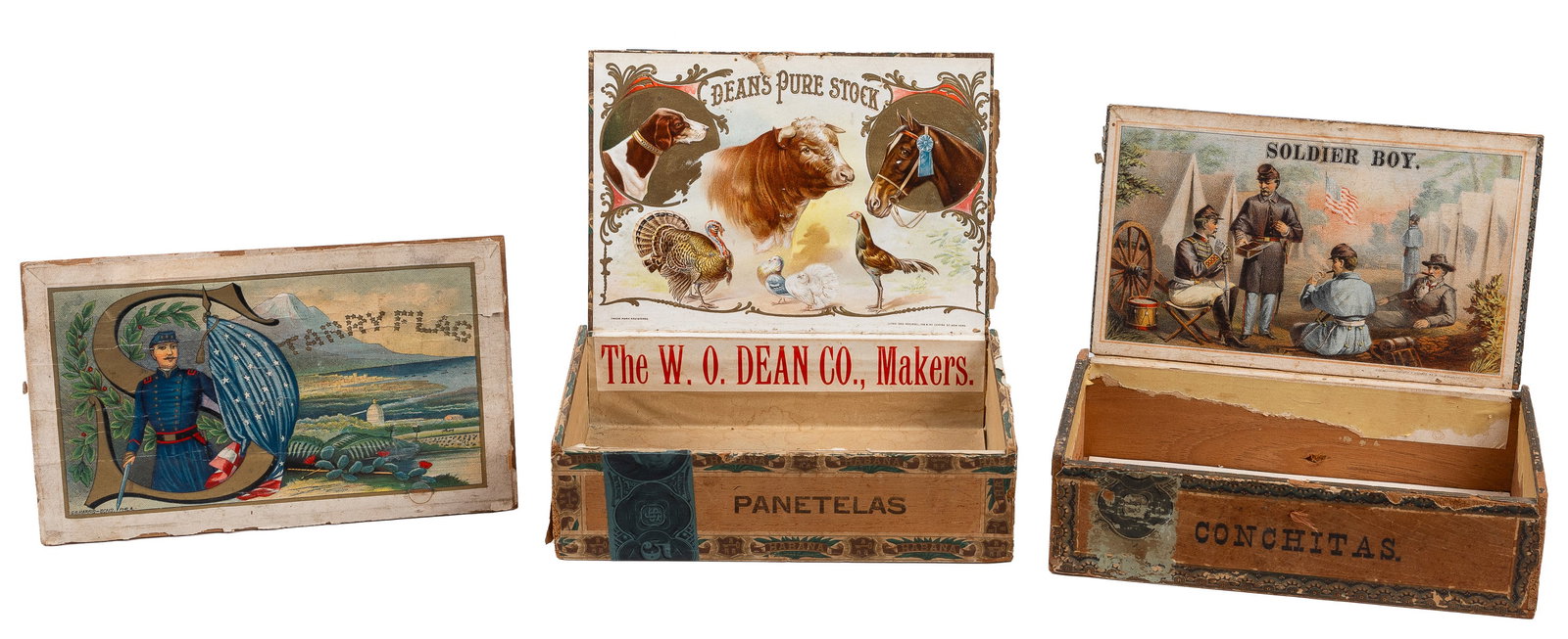 Pair of Cigar Boxes and a Cigar Box Lid. Including Soldier ...: Pair of Cigar Boxes and a Cigar Box Lid. Including Soldier Boy Cigar Box featuring a lithograph of soldiers smoking cigars at camp (New York: Heppenheimer & Maurer, undated); Dean’s Pure Stock C
