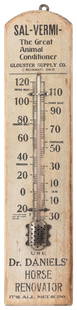 Dr. Daniels’ Horse Renovator Advertising Thermometer. Cinci...: Dr. Daniels&#8217; Horse Renovator Advertising Thermometer. Cincinnati: Glousher Supply Co. Wooden advertising thermometer for &#8220;The Great Animal Conditioner.&#8221; Approx 22 x 5&#8221;. Wood is