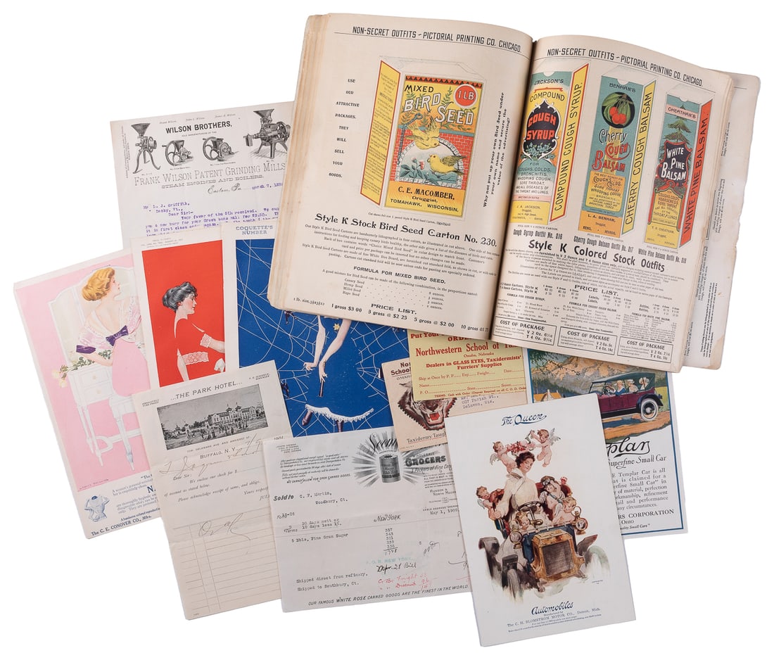 Collection of Various Advertising and Commercial Ephemera. ...: Collection of Various Advertising and Commercial Ephemera. 1854-1933. Including letters, invoices, booklets, and advertisements about a variety of items such as American Sun Bonnet Company, C. Coles P