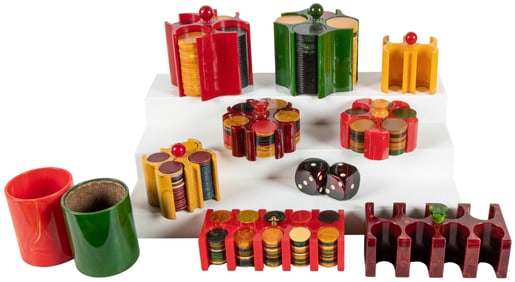 Nine Bakelite Chip Racks, Dice Cups, and Dice. Includes: (9...