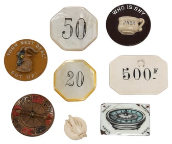 Group of 8 Gambling Poker Bucks, Markers, and Chips. Americ...