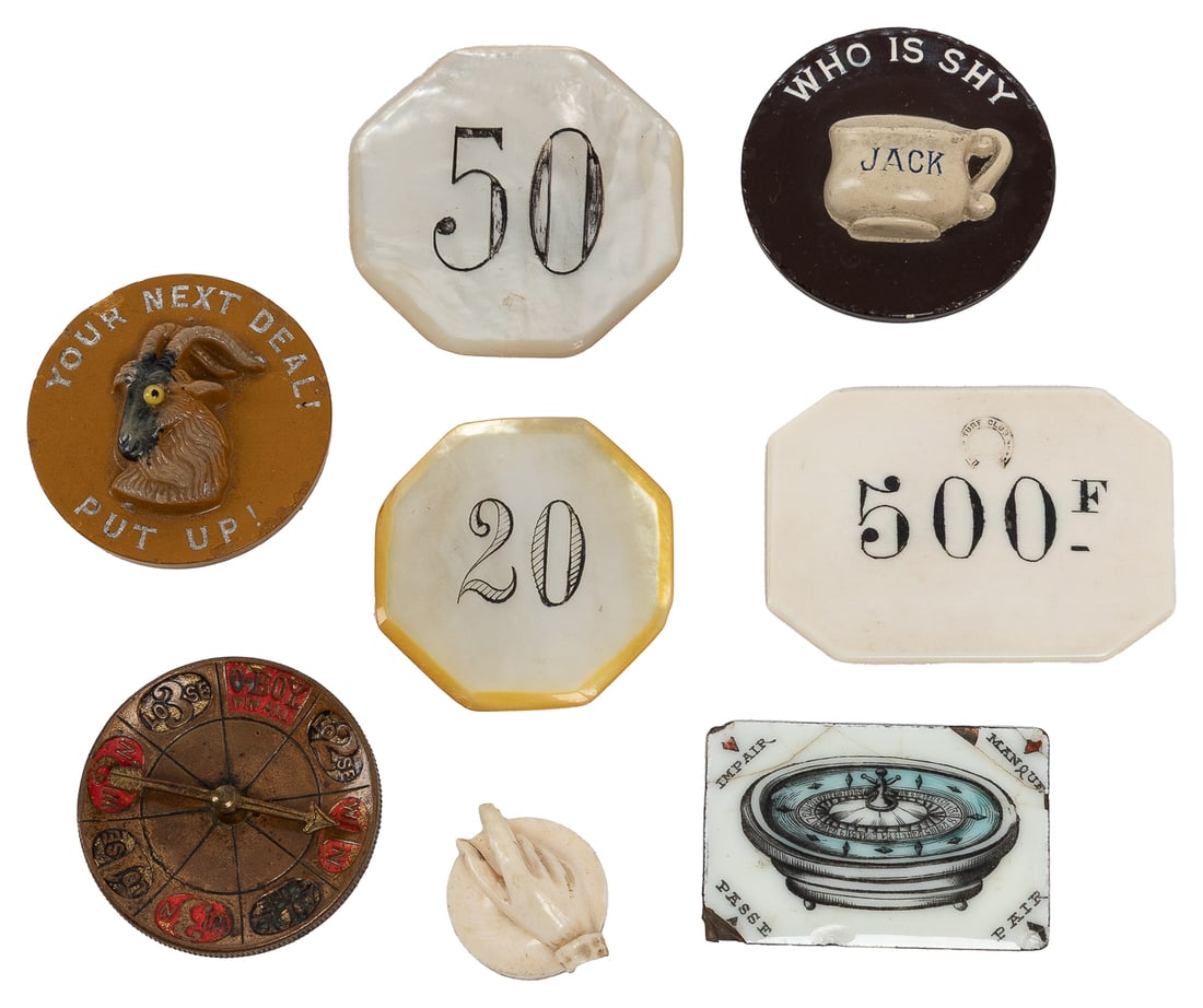 Group of 8 Gambling Poker Bucks, Markers, and Chips. Americ...: Group of 8 Gambling Poker Bucks, Markers, and Chips. American and European, late 19th/early 20th century. Includes two embossed poker dealing bucks; two mother of pearl chips; an “O-Boy” b