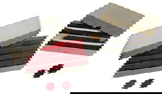 Two Boxes of Faro Coppers. Six-sided faro coppers, one box ...: Two Boxes of Faro Coppers. Six-sided faro coppers, one box in black, the other red. Each box with 100 capacity (but a few missing from both boxes; red coppers in two tones). Boxes 7 x 4 &#189; x 1&#82