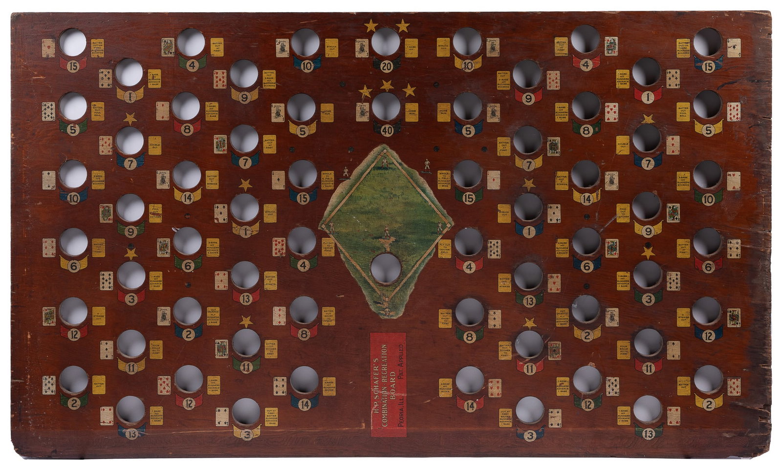 H.P. Schafer’s Combination Recreation Board. Peoria, ca. 19...: H.P. Schafer’s Combination Recreation Board. Peoria, ca. 1920. Player attempts to get a certain combination of playing cards, baseball terms or numbers; the board could be placed on a billiards 