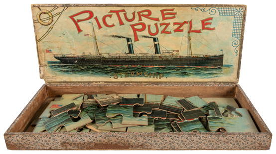 McLoughlin Bros. Steamship Picture Puzzle. New York, 1896. ...: McLoughlin Bros. Steamship Picture Puzzle. New York, 1896. Original paper-covered wooden box with lithographed lid. Jigsaw puzzle forming an image of a steamship in profile. Box 7 &#189; x 19 x 1 &#18