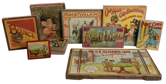 Ten Antique Board and Card Games. Circa 1890s. Nine games b...