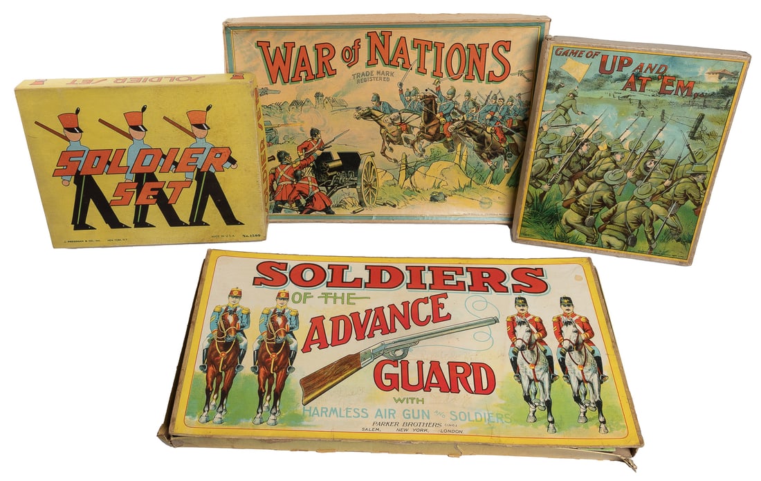 Group of 4 Military Games. Including: Soldiers of the Advan...: Group of 4 Military Games. Including: Soldiers of the Advancing Guard (Parker Brothers), lacks air gun, with nine standing target figures (two repaired); War of Nations (Milton Bradley), with spinner 
