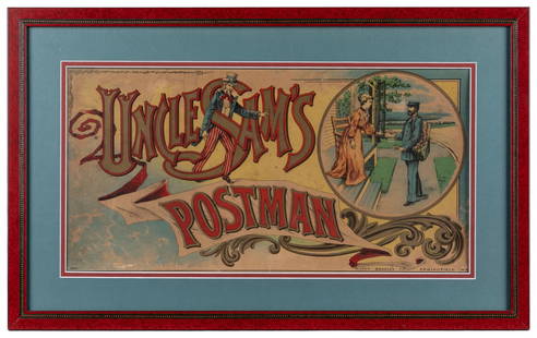 Pair of Antique Board Games. Including: Game of Fish Pond (...: Pair of Antique Board Games. Including: Game of Fish Pond (McLoughlin Bros., New York); and Uncle Sam&#8217;s Postman (Milton Bradley, Springfield). In matching frames, matted (not examined out of fra