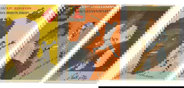 Trio of 1954 Ted Williams, Jackie Robinson, and Willie Mays...: Trio of 1954 Ted Williams, Jackie Robinson, and Willie Mays Cards. Including: 1954 Bowman Willie Mays, 1954 Topps Ted Williams, and 1954 Topps Jackie Robinson. All with discoloration at top center fro
