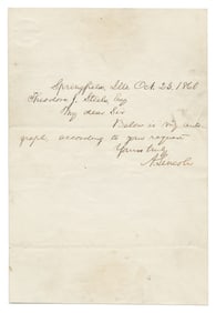 LINCOLN, Abraham (1809-1865). Autograph Note Signed. Spring...