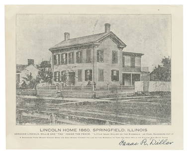 [LINCOLN, Abraham (1809-1865), subject]. DILLER, Isaac R. (...: [LINCOLN, Abraham (1809-1865), subject]. DILLER, Isaac R. (1854-1948). Signed Souvenir Print, &#8220;Lincoln Home 1860, Springfield, Illinois / Abraham Lincoln, Willie and &#8220;Tad&#8221; Inside the