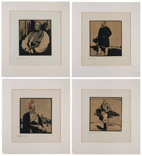 NICHOLSON, William (1872-1949). Group of Four Signed, Hand-...: NICHOLSON, William (1872-1949). Group of Four Signed, Hand-Colored Woodblock Prints. [London: William Heinemann, 1897-99]. Each print is one of 40 copies. All mounted onto card and matted. ALL SIGNED