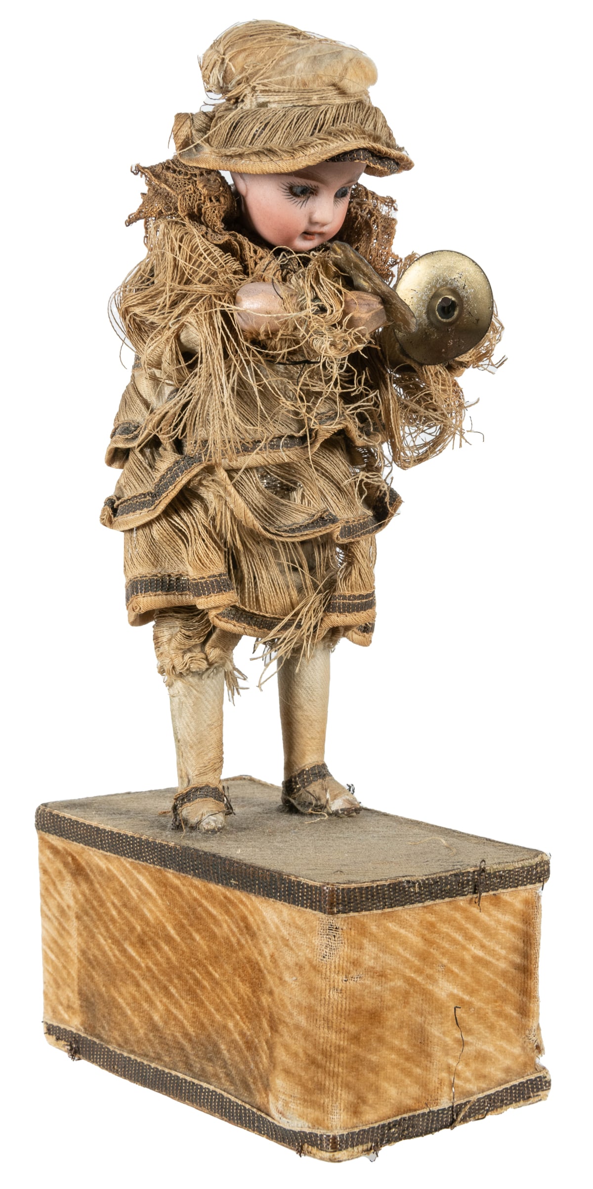 Bisque Doll Cymbal Player Toy / Automaton. 19th century. Bi...: Bisque Doll Cymbal Player Toy / Automaton. 19th century. Bisque-head doll with original dress and hat, holding a pair of metal cymbals which would clash together as the figure raises and lowers head.