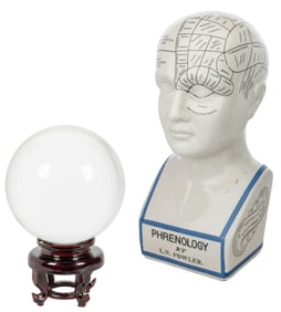 A Phrenology Bust and Crystal Ball. Two pieces, including a...