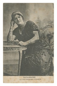 Djita-Salome tattooed lady postcard. France, ca. 1910s. Por...