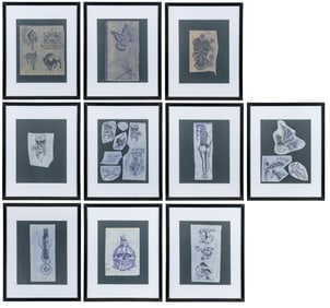 Group of 17 framed tattoo transfers. American, ca. 1980s-90...