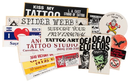 Group of 23 tattoo bumper stickers and stickers. V.p., ca. ...